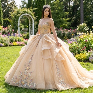 Vestido de Quinceañera/Dulce 15/Jubileo de Tul con Brillo Floral, sin Tirantes, Color Oro Champán, con Cuentas y Volantes, Modelo Dy8548 - Product Image 1