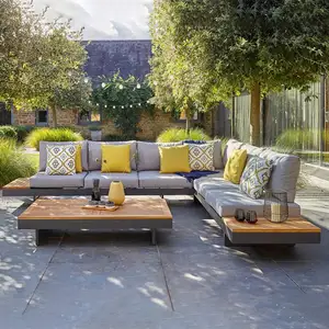 Metal Waterproof Garden Furniture Aluminium Teak Wood Sectional Set with Gray Cushions Outdoor Furniture Patio Sofa Set