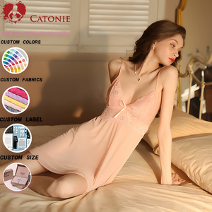Chemise de nuit sexy en dentelle et résille pour femme, longueur genou, élégante, été, automne, printemps, avec logo frontal, pyjama et vêtements d'intérieur - Product Image 1