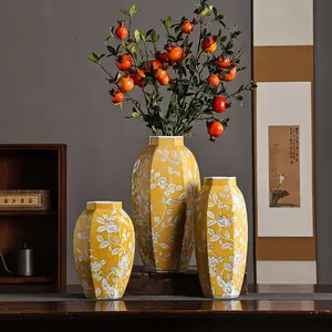 Hexagonal amarelo vitrificado vaso cerâmico decoração de casa decoração vaso criativo