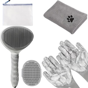 Bộ găng tay chải chuốt thú cưng, bộ bàn chải tắm silicon, kèm khăn sợi nhỏ & túi đựng, màu xanh dương, dụng cụ massage loại bỏ lông rụng - Product Image 1