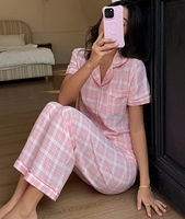 Pyjama décontracté rose à carreaux pour femme, ensemble deux pièces, vêtements de nuit et d'intérieur, pyjamas personnalisables ODM