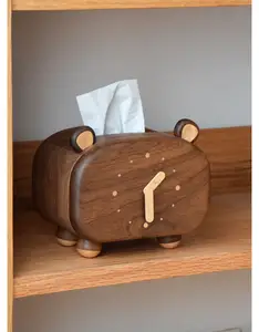 Caja de toalla de papel de oso pequeño multifuncional de madera maciza de nogal negro creativo con caja de palillo de dientes para regalo de inauguración de la casa