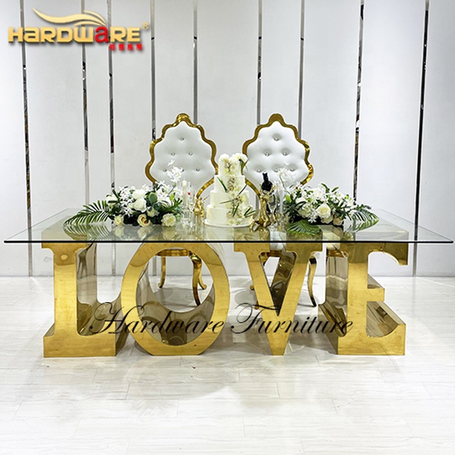 Горячая Распродажа, золотой свадебный стол из нержавеющей стали с надписью love со стеклянной крышкой