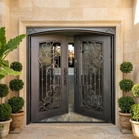 Porte d'entrée moderne à double battant en verre, en fer noir, de style français, contemporaine, pour maison résidentielle