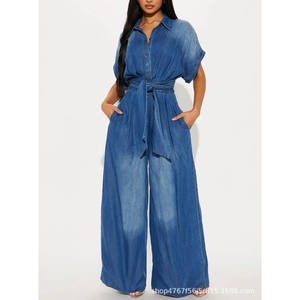 Nouvelle Arrivée Combinaison en Jean Chic pour Femme à Col Boutonné, Manches Courtes, Coupe Ample et Jambes Larges, Tendance - Product Image 4