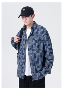 <span class=keywords><strong>Camicia</strong></span> di <span class=keywords><strong>Jeans</strong></span> a Scacchi Trendy Primavera-Autunno, Stile Coreano a Maniche Lunghe per Uomo, Moda High Street Bianco e Nero - Product Image 4