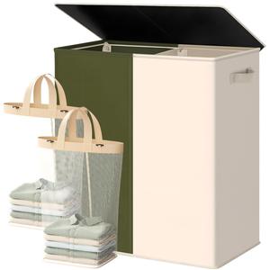 Cesto de Ropa Sucia Doble con Tapa y Bolsas Extraíbles, Cesto de Ropa Sucia Grande de 145L, Organizador de Ropa Sucia Plegable de 2 Secciones - Product Image 1