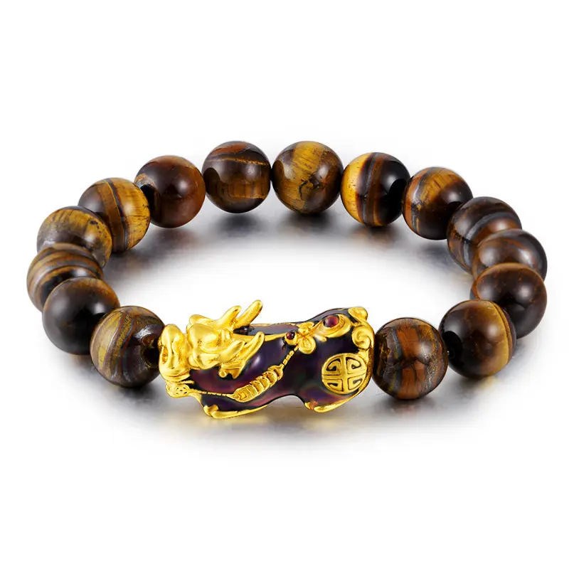 Pixiu Gelang Piyao Kekayaan Mewah 12Mm, Gelang Manik-manik Mata Harimau Obsidian Batu Permata Feng Shui, Gelang untuk Pria