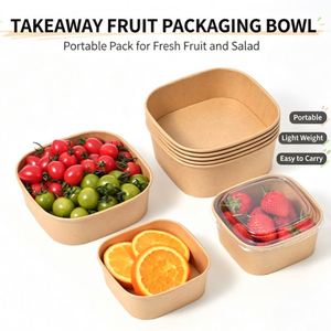 Bol à salade carré jetable en papier kraft avec couvercle, biodégradable, écologique, pour le camping, les plats à emporter, l'emballage de riz et de collations - Product Image 2
