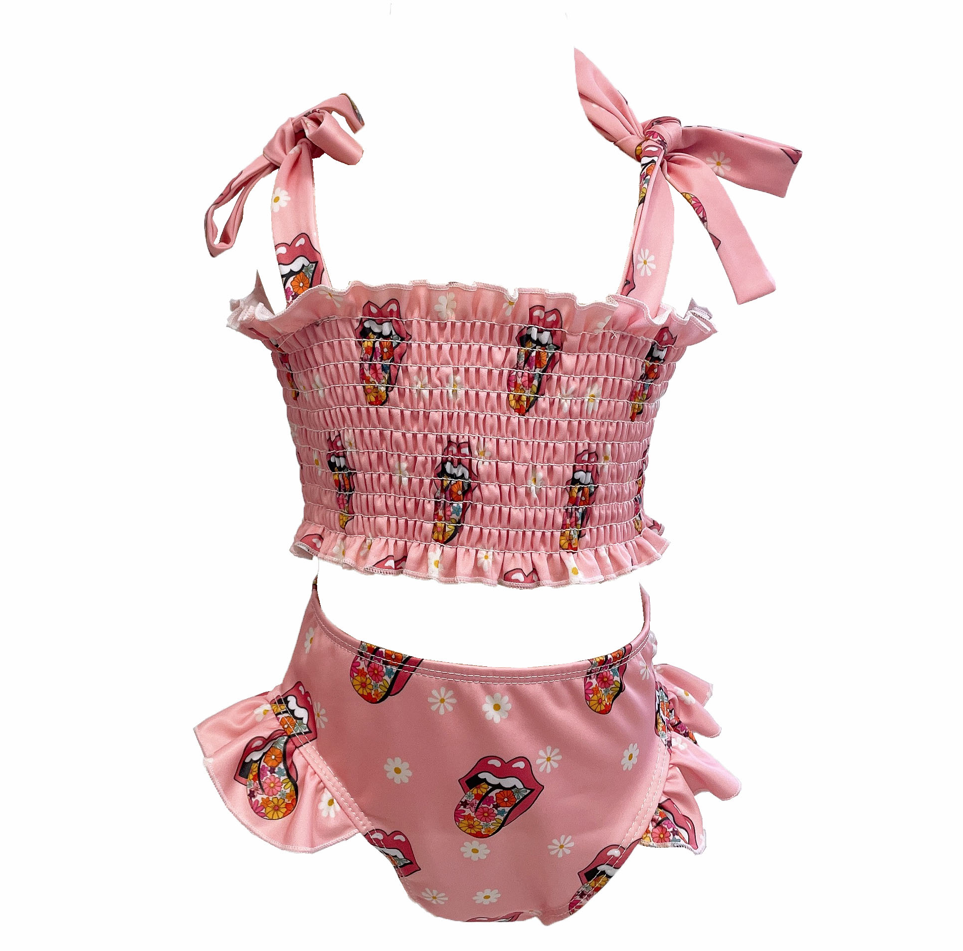 Оптовая продажа, Индивидуальные детские купальники, купальник для девочек с цветочным принтом, детские костюмы из двух частей с оборками