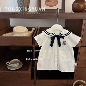 Child Star Circle Baby Girls Short Sleeve Sailor Collar Shirt With Bear Bow Breathable Summer Top - Product Image 1