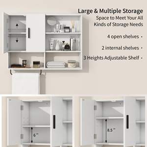 Organisateurs <span class=keywords><strong>de</strong></span> salle <span class=keywords><strong>de</strong></span> bain en bois, armoire <span class=keywords><strong>de</strong></span> rangement au-dessus des toilettes avec 2 portes, étagères réglables et <span class=keywords><strong>porte</strong></span>-serviettes - Product Image 3