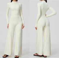 Nouvelle Tendance : Combinaison de Sport Une Pièce à Manches Longues avec Fermeture Éclair, Effet Nude, pour Yoga, Course et Fitness, avec Pantalon Évasé