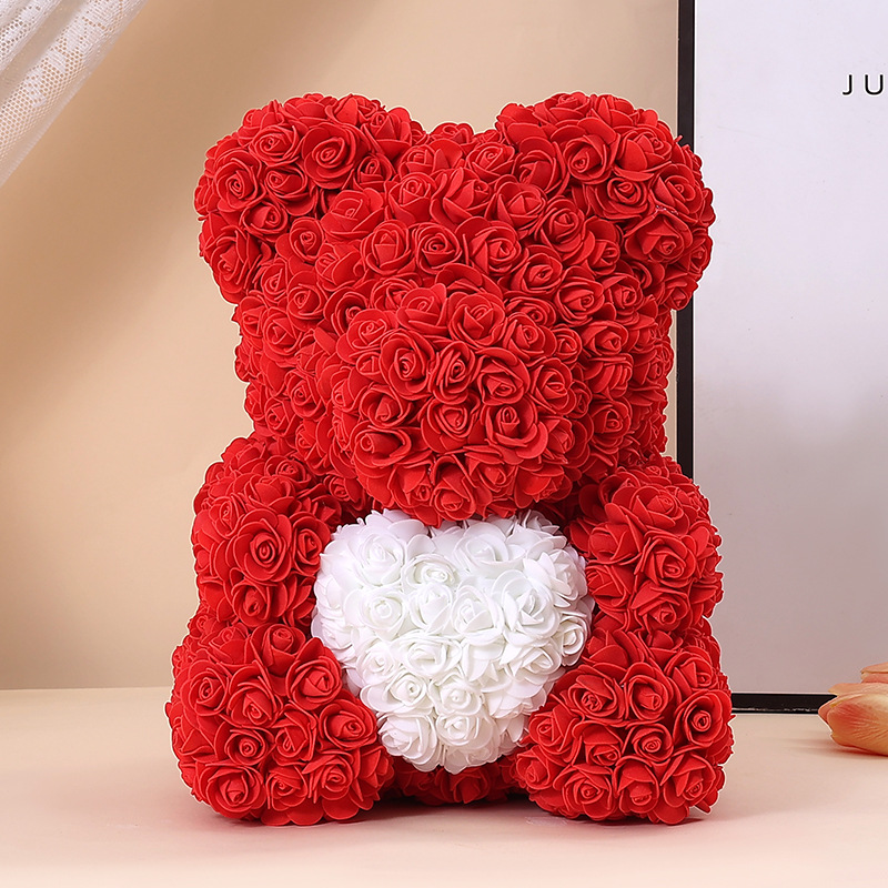 Red rose bear with white heart