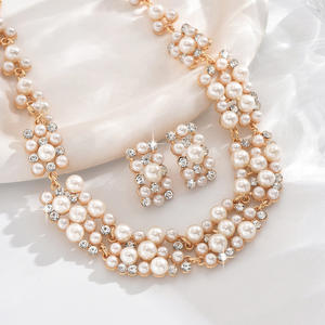 New Exquisite High Quality Gold Toned Statement Jewelry Multi Strand <b>Pearl</b> Crystal <b>Necklace</b> <b>Earring</b> <b>Set</b> for Special Events - Product Image 4