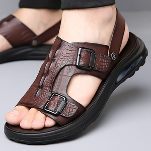 Sandales pour hommes à bride en T, en cuir véritable, à bout ouvert, semelle extérieure en caoutchouc antidérapante, chaussures décontractées d'été - Product Image 1