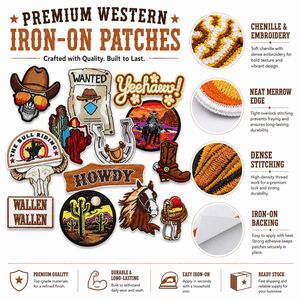 Parches bordados termoadhesivos y para coser con temática del Oeste, con diseños <span class=keywords><strong>de</strong></span> Howdy Yall, <span class=keywords><strong>toros</strong></span>, calaveras <span class=keywords><strong>de</strong></span> vaca, herraduras, puesta <span class=keywords><strong>de</strong></span> sol en el desierto y bandera. - Product Image 3