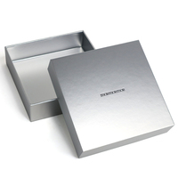 Boîte cadeau rigide en carton argenté brillant recyclable de qualité supérieure, personnalisée, à deux pièces, avec couvercle amovible et logo en relief métallisé