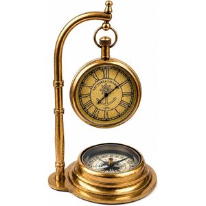 <b>Vintage</b> Brass Hanging Table <b>Desk</b> Clock with Compass Base Antique Nautical Table Decor - Product Image 1