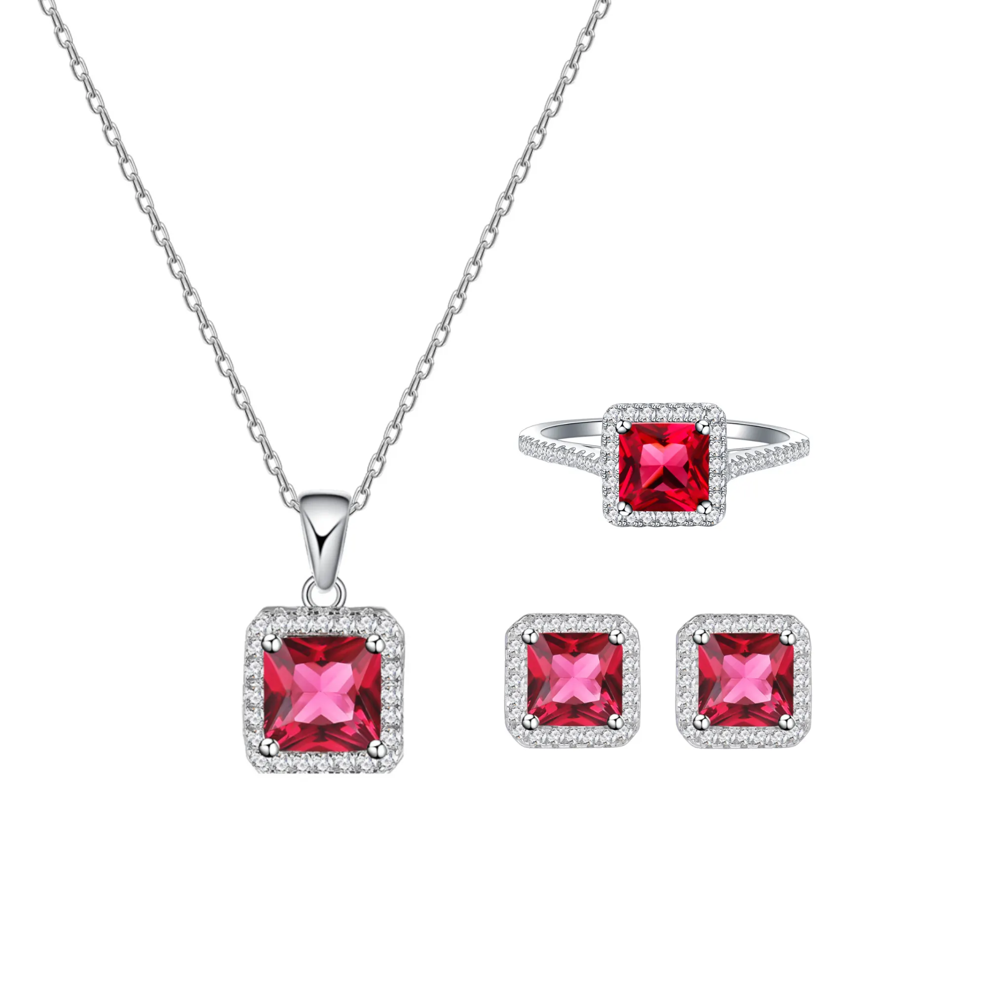 5a colorful square zircon necklace pendant cz stud earrings bridal jewelry 925 sterling silver cubic zirconia wedding ring set