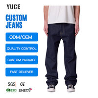 Jeans Rectos de Lavado Índigo Azul Oscuro para Hombre, Corte Ajustado, Costuras en Contraste, Botones Personalizados, Remaches, Parches de Cuero