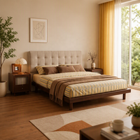 Lit double moderne rétro en bois de noyer avec tête de lit capitonnée en tissu pour chambre principale, mobilier de maison, vente en gros