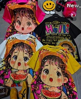 Kaos Wanita Ukuran Besar 100% Katun Bertabur Rhinestone, Model Longgar Kasual Motif Kartun Fashion OC1054