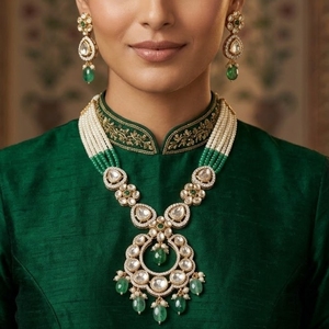 ชุดสร้อยคอยาวแบบดั้งเดิมประดับมุกคุนดันสีเขียว พร้อมต่างหูเงินชุบประดับมอยส์ซาไนต์ สำหรับเจ้าสาว ของขวัญแต่งงาน - Product Image 6