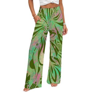 <span class=keywords><strong>Pantaloni</strong></span> <span class=keywords><strong>Palazzo</strong></span> <span class=keywords><strong>a</strong></span> Vita Alta con Stampa Tribale Polinesiana Personalizzata, Gamba Larga, Verde e Bianco, con Elastico in Vita e Tasche per Donna - Product Image 5