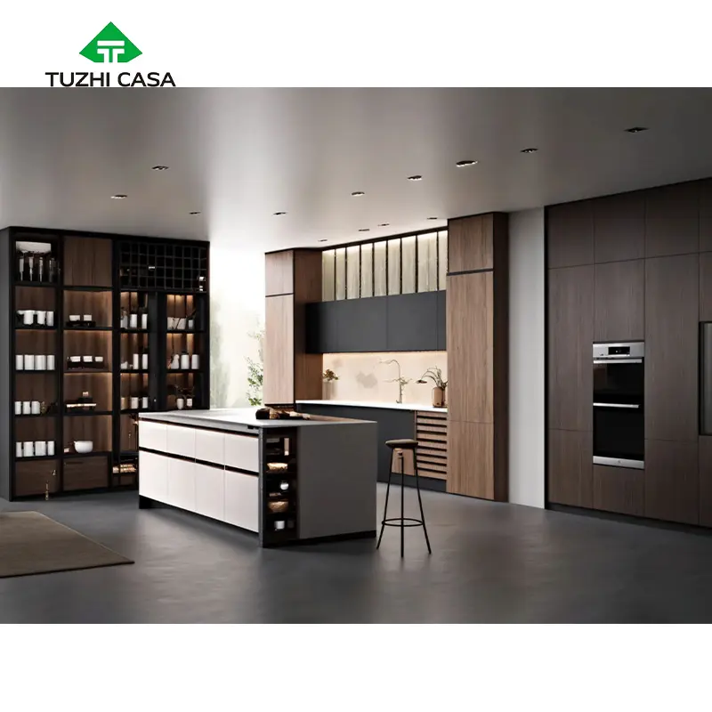 TUZHI CASA desain Tiongkok unity warna coklat gelap kabinet dapur set lengkap rumah pvc ganget Jerman
