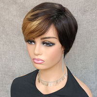 Perruques Courtes Pixie Colorées Pas Chères en Cheveux Humains Brésiliens Remy Lisses, Entièrement Fabriquées à la Machine, Couleur Mèches, Sans Colle, Sans Dentelle