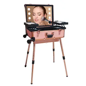 Aluminum alloy trolley with light cosmetic box/ table hairdressing embroidery nail kit universal wheel LED professional beauty