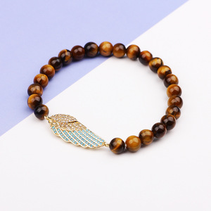 Pulsera de cuentas de ojo de tigre con dije de ala, aleación de cobre, joyería de moda, regalo para mujer - Product Image 1