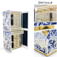 Meuble Bar Avant-Garde 1088 Triangles Laqué Bleu avec Accents Feuille d'Or, Meuble de Rangement pour la Maison avec Tiroir