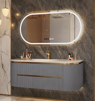 Luxe Chêne Roche Plaque Céramique Sans Soudure Bassin Lavabo Semi-Circulaire Arc Lumière Salle De Bains Armoire pour Hôtel