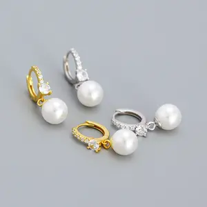 Fashion Geometric Hoop Earrings Bridal Wedding Crystal Earrings Drop Pearl Earring 925 Sterling Silver