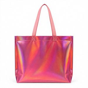 Custom Holographic Nonwoven Tote <b>Bag</b> Laser Laminated Reusable Shopping Gift Carry <b>Bag</b> Pink Handles - Product Image 1