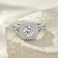 Bague en argent sterling S925 avec moissanite 1 carat, double halo, taille coussin, tige fendue, taille brillant rond, pour femme