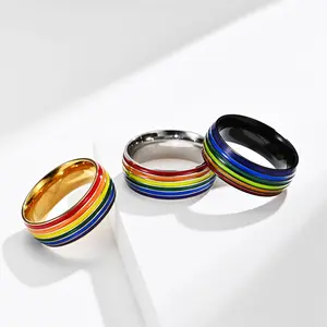 SC Bunte Regenbogen Frauen Edelstahl Ringe Vergoldet Gay Pride Ring Geometrische LGBTS Pride Ringe für Frauen und Männer