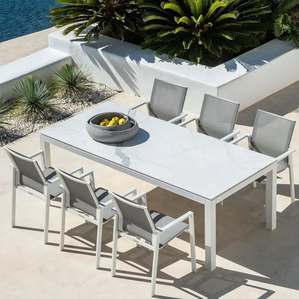 Yüksek kaliteli açık veranda yemek setleri kafeler ve restoran için alüminyum bilardo masası ve sandalye seti