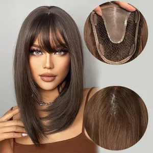 mono fishnet 4# hot sales high quality base topper toupee 16 inch thick browen color 100% human hair replacement for women
