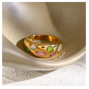 แหวนโดมสแตนเลส304ชุบทอง18K ประดับเพชรสีรุ้งดีไซน์เป็นวงหนาและหนา - Product Image 3