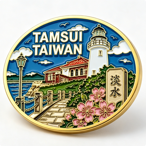 Tamsui Taiwan Souvenir Metal <b>Pin</b> Gold Plated Circular Hard Enamel Flower Theme Zinc Alloy Craft - Product Image 5