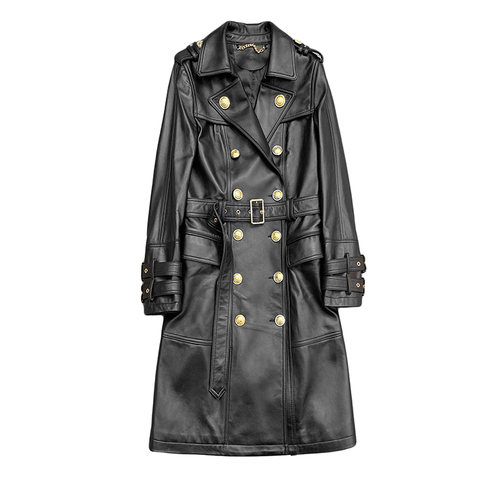 0206 New Fashion Natural Sheepskin Trendy Double Breasted Trench Coat Classic Black Genuine Leather Overcoat with Belt