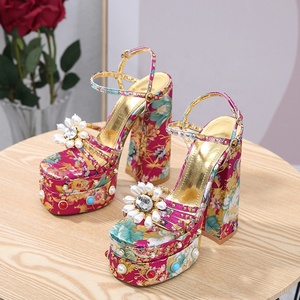 Mixed Flower Pearls Women Floral High Chunky Heels Ankle Strap Rhinestone Summer Outdoor Party Dress Thick Platform <b>Shoes</b> - Product Image 4