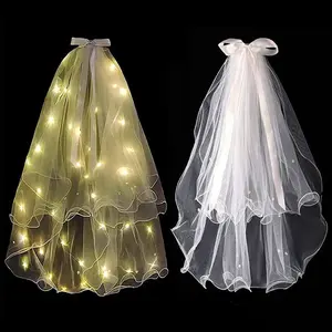 Newest Girl Womens Church Cathedral Mariage Voile Two Layer Beaded Wedding Pearl Ribbon Led Vail Veils Bridal