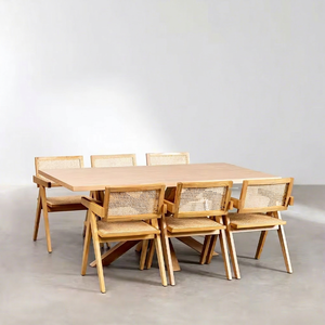 Modern Ardena Minimalist Teak Wood Restaurant Furniture Set Natural Color Rectangular Dining <b>Table</b> 6 Chairs Home Bars Hotels - Product Image 1