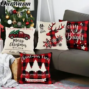 OurWarm عيد الميلاد الغزلان نافيداد أريكة وسادة غطاء أحمر أسود منقوشة عيد الميلاد وسادة غطاء