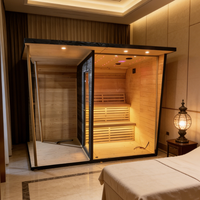 Sauna extérieur moderne en bois de cèdre noir imprimé pour 2 à 6 personnes, avec poêle à vapeur et pierres volcaniques, idéal pour villa ou parc.